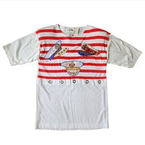 Vtg Victoria Harbour Nautical Captain Tee Beaded Embroidered Red Stripe Shirt